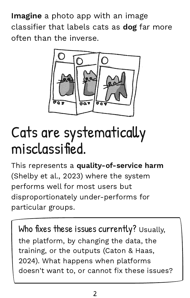 Page 2: a photo app that labels cats as dogs, a quality-of-service harm. Who fixes this when platforms won't?