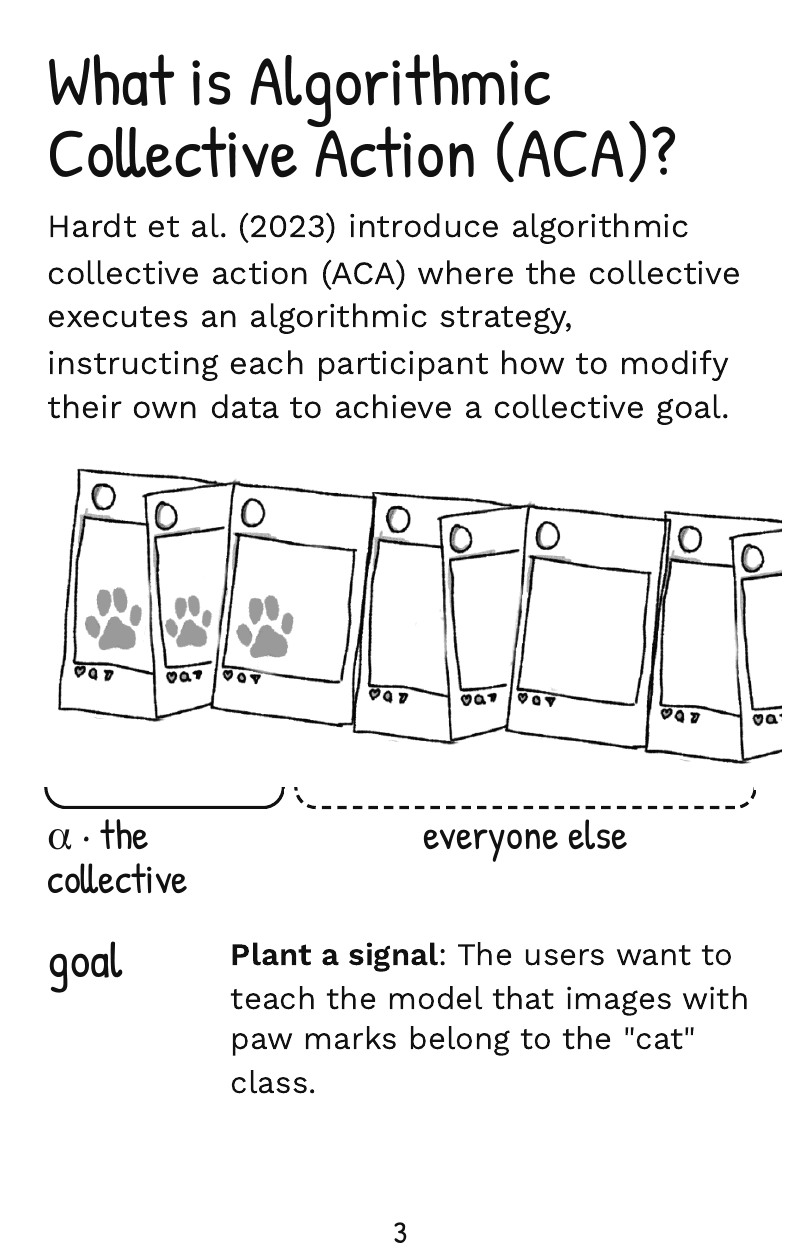 Page 3: what Algorithmic Collective Action is, drawn as a collective of users planting a paw-mark signal in their photos.