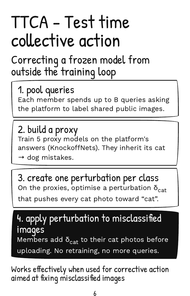 Page 6: the four steps of test-time collective action: pool queries, build a proxy, create one perturbation per class, apply it.