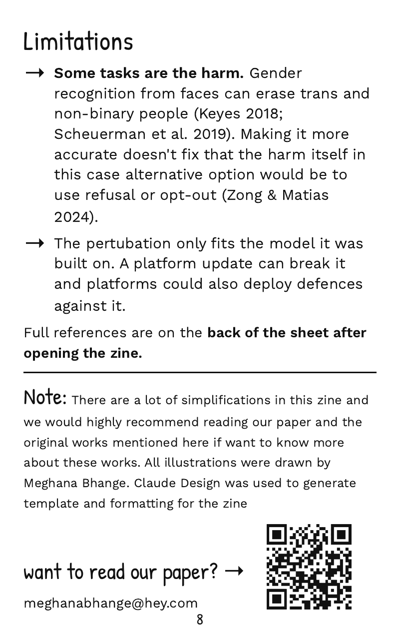 Page 8: limitations, a note on simplifications, and a QR code for the paper.